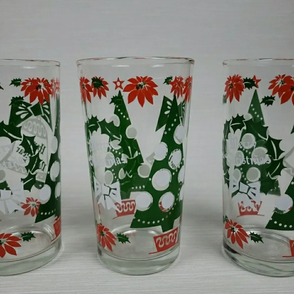Vintage 7 Merry Christmas Happy New Year Cups Tumblers Continental Glass MCM